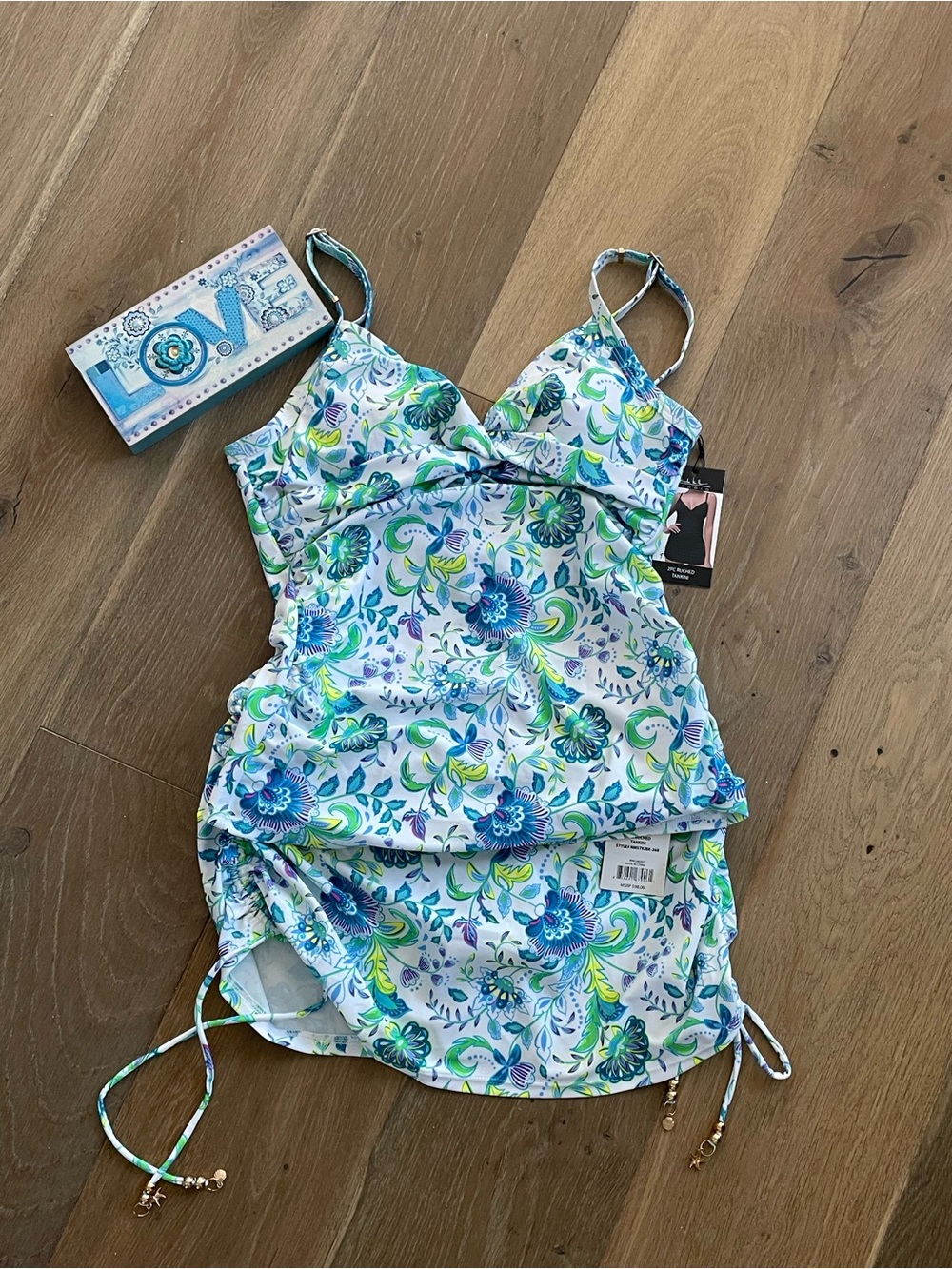 Nicole Miller 2 Piece Tankini  Turquoise Purple Yellow Tropical Print